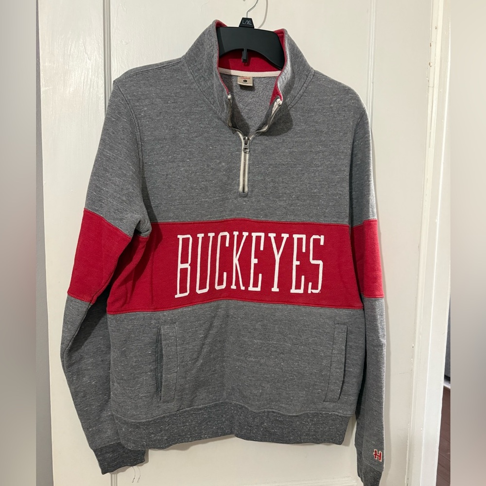 HOMAGE Gray and Red Buckeyes Zip Up Sweater